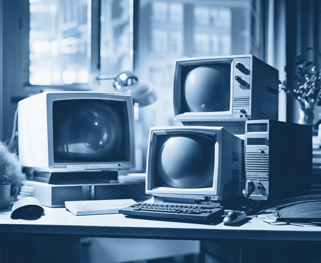 A duotone image of vintage computer monitors stacked